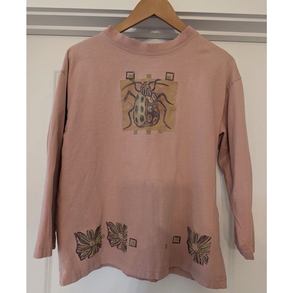 Blue Fish Jennifer Barclay rose pink beetle flowers 3/4 sleeve t shirt knit Sz L